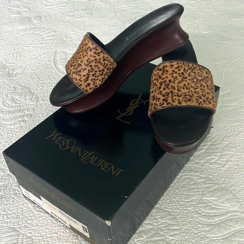 YvesSaintLaurent leopard print calf hair mules